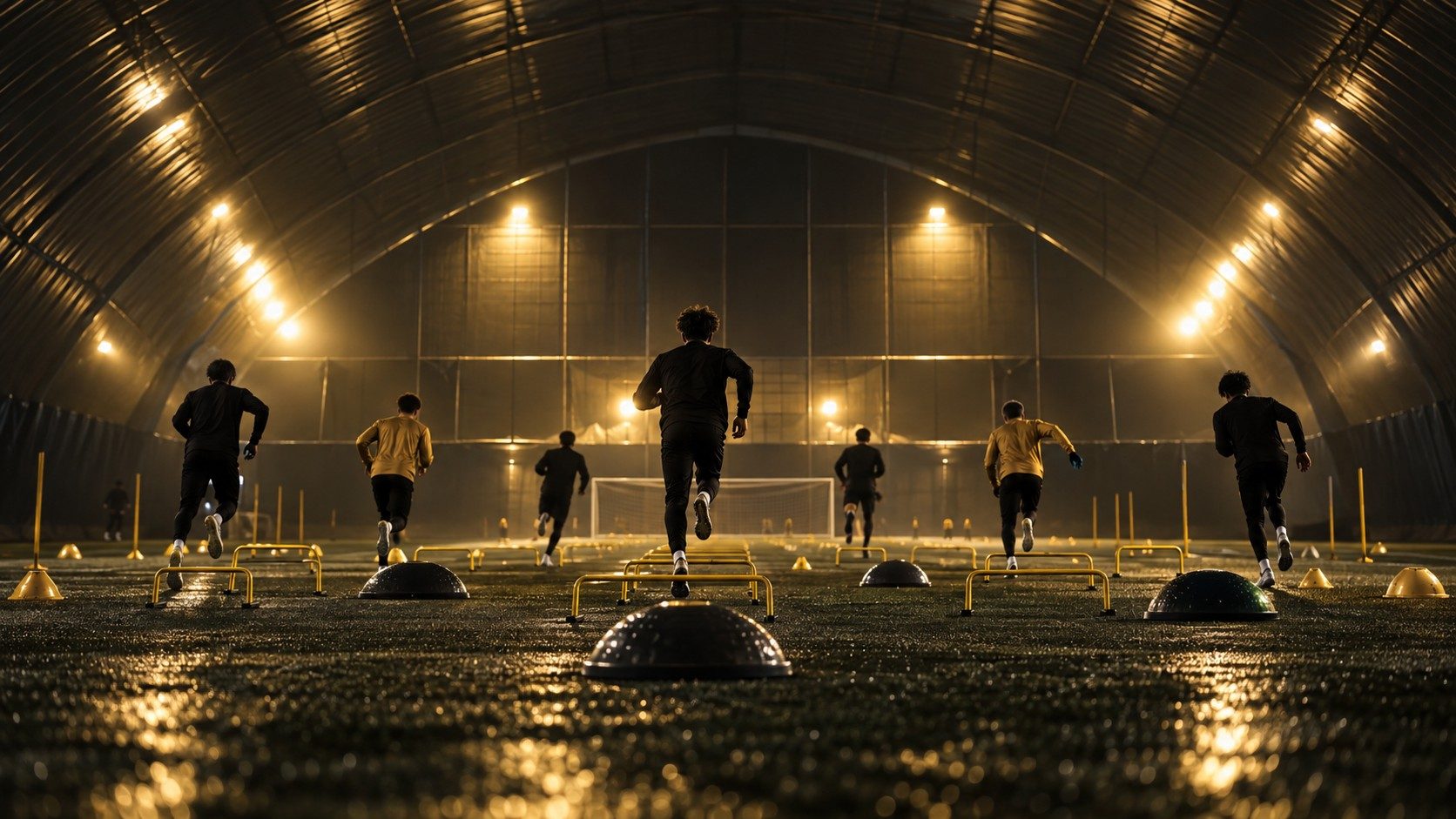 Teenage players doing agility work in a dome