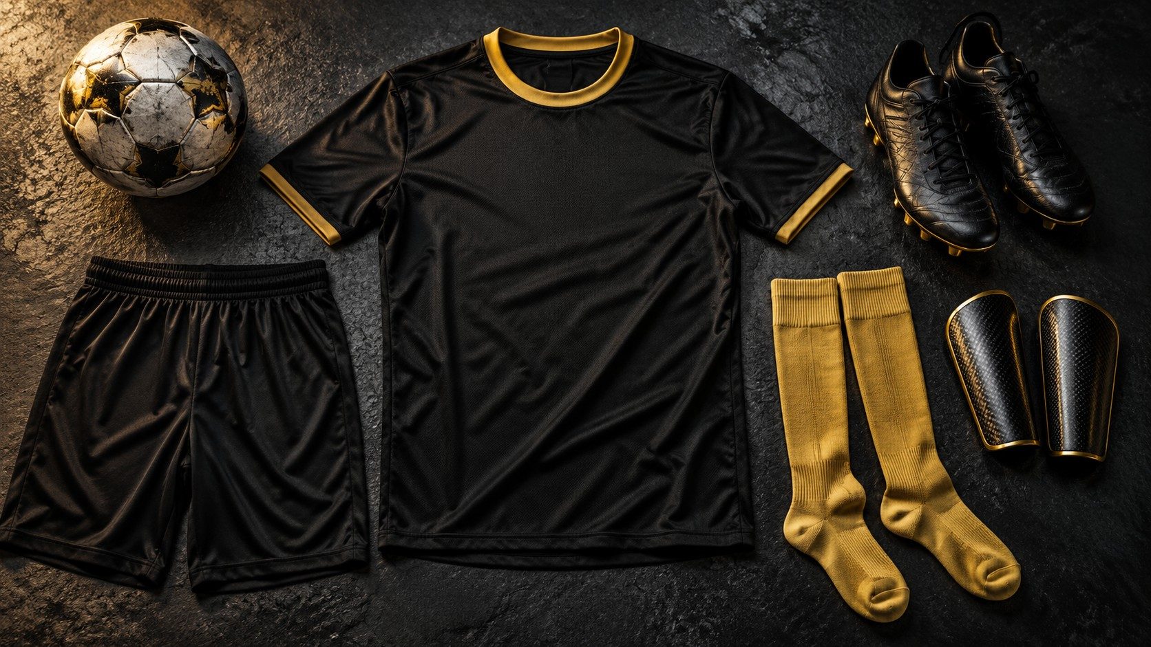 Black and gold training kit laid out on slate