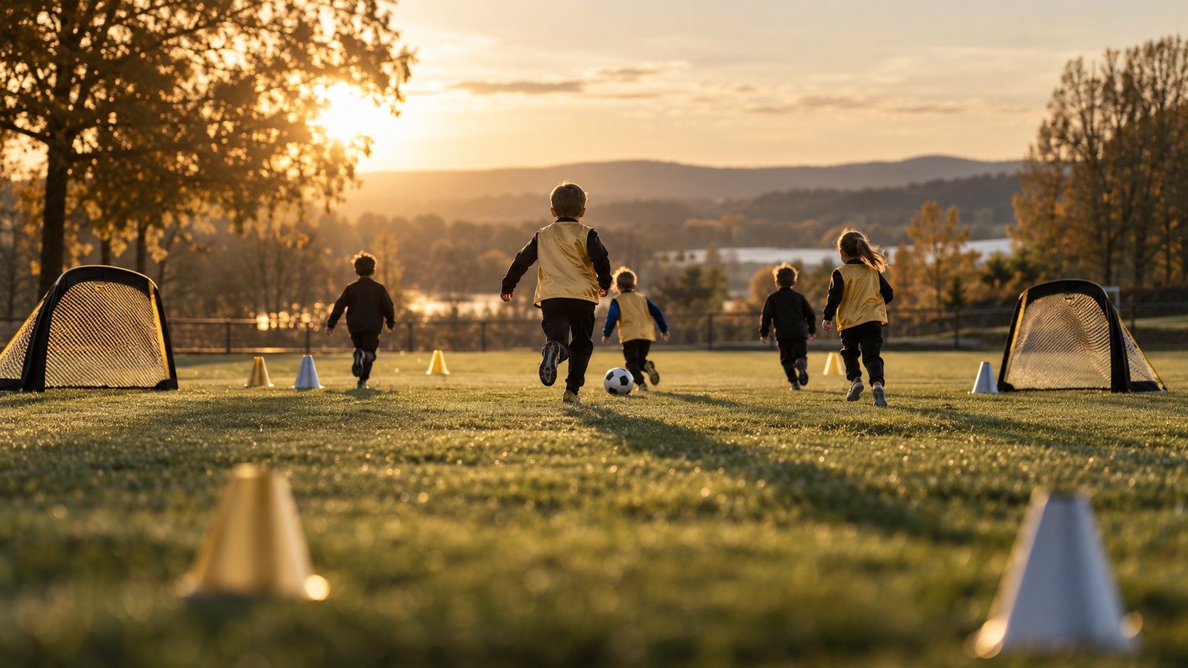 Young players in gold bibs playing a mini game