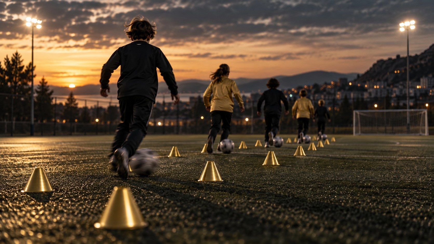 Players dribbling through gold cones